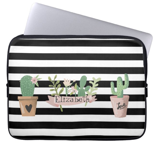 Cactus Flower Black White Rand Laptop Fodral (Framsidan)