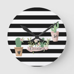 Cactus Flower Black White Rand Rund Klocka