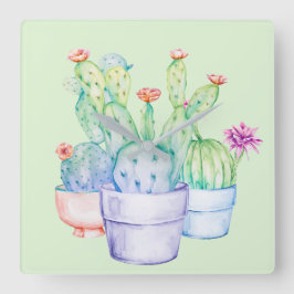 Cactus Flowers Coral Mint Grönt Watercolor Rosa Fyrkantig Klocka