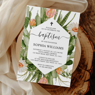 Cactus Flowers Frame Baptism Invitation Inbjudningar