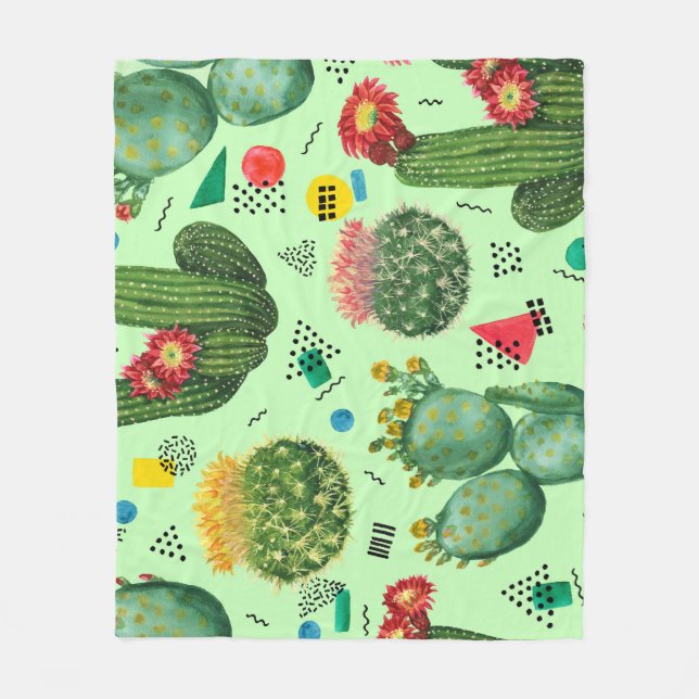 Cactus Flowers: Geometrisk bakgrund för vattenfärg Fleecefilt (Framsidan)