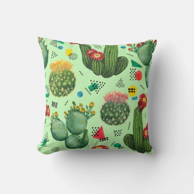 Cactus Flowers: Geometrisk bakgrund för vattenfärg Kudde (Framsida)