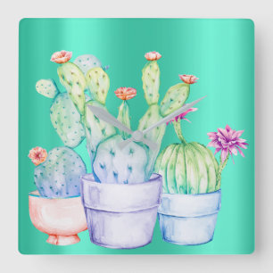 Cactus Flowers Mint Rosa Peach Coral Painting Fyrkantig Klocka