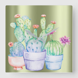 Cactus Flowers Ro Guld Peach Mint Grönt Painting Fyrkantig Klocka