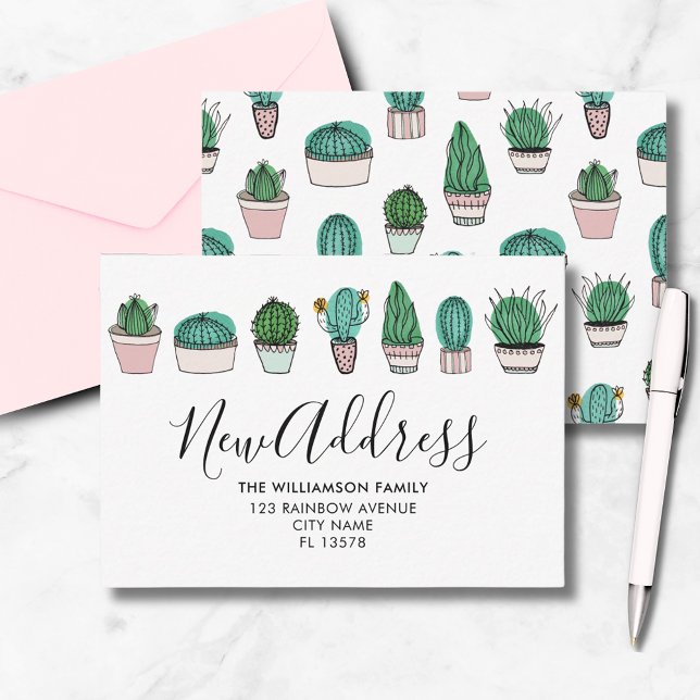 Cactus Flytt Tillkännagivande Växter Anteckningskort (Cactus house plant new home moving announcement notecard. From artists own illustrations.)