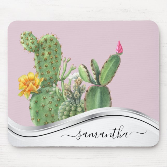 Cactus Garden Watercolor Handskriftlig Namn Musmatta (Framsidan)