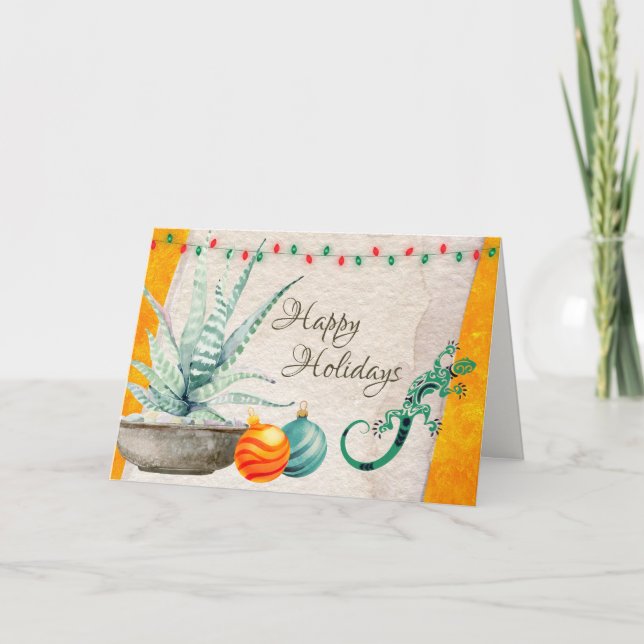 Cactus, Gecko och julprydnader Helgkort (Framsida)