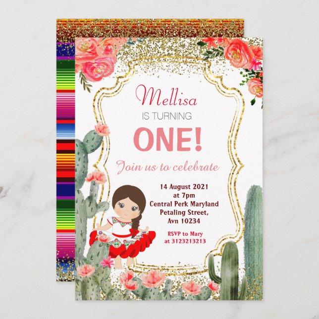 Cactus Girl Mexican Fiesta Födelsedagsfest Inbjudningar (Fram/baksida)