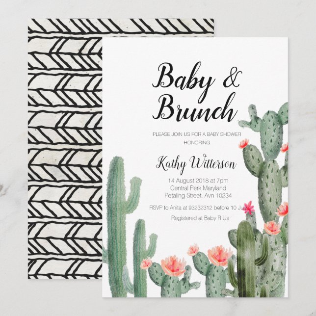 Cactus Greenery baby brunch-inbjudan till babydusc Inbjudningar (Fram/baksida)