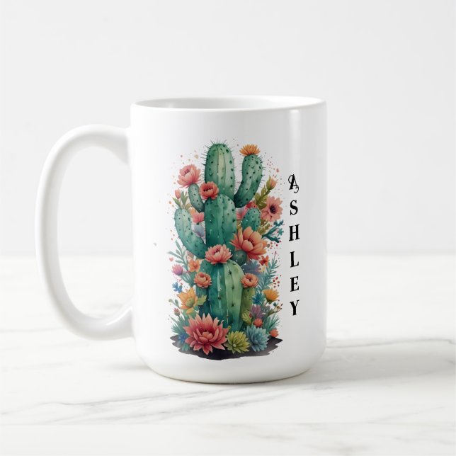 Cactus Grönt Succulent Watercolor Personlig Nam Kaffemugg (Vänster)