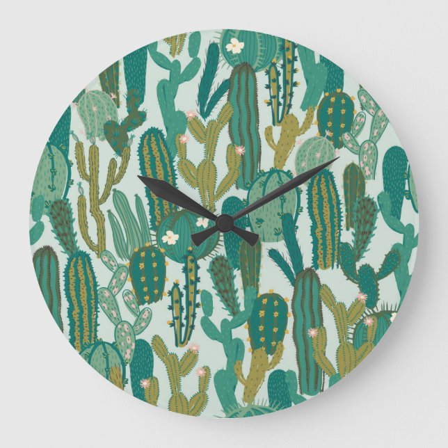 Cactus Grönt Upprepad Vintage Struktur Stor Klocka (Framsida)