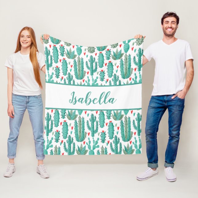 Cactus grönt white mönster monogram fleecefilt (På plats)