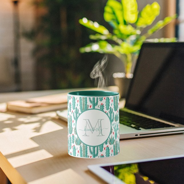 Cactus grönt white whimsical monogrammad mugg (Skapare uppladdad)