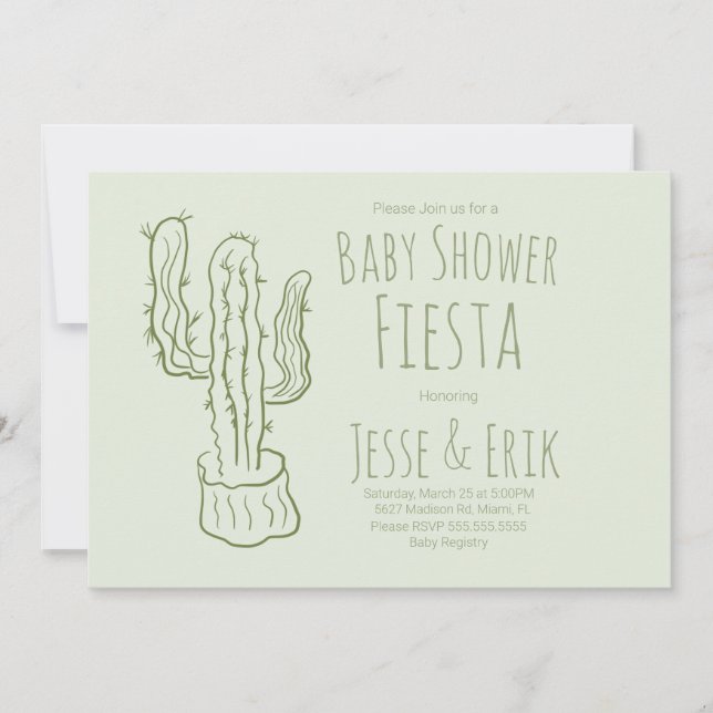 Cactus Hand plockade Baby Shower Pastel Grönt Inbjudningar (Framsida)