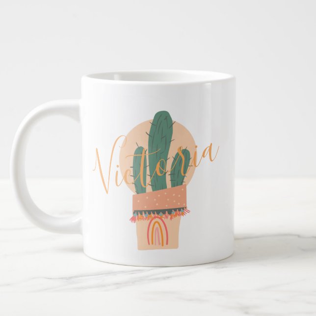 Cactus Handritad Regnbåge Krukad Namn  Jumbo Mugg (Vänster)