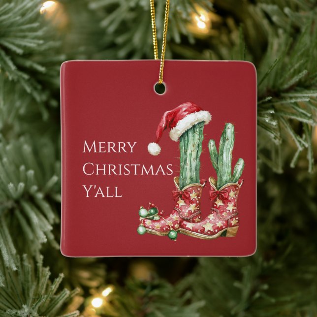 Cactus Hat Stars Western Cowboy Boots Christmas Julgransprydnad Keramik (Träd)