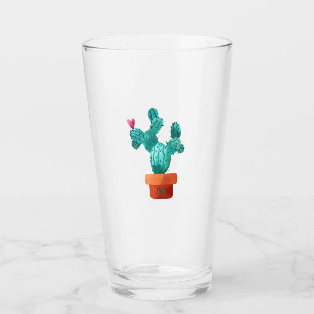 Cactus Heart Monogram Initialer Grönt Rosa Roligt Glaskopp (Framsida)