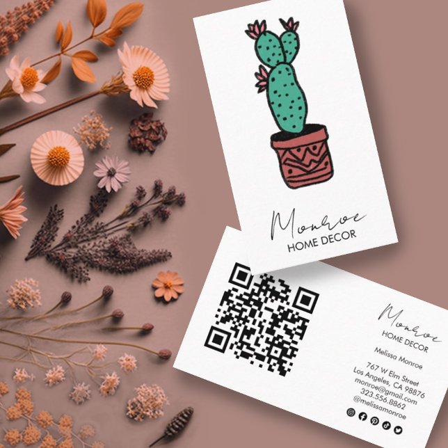 Cactus Illustration Roligt Boho Cute QR Social Ico Visitkort (Cactus illustration with QR code and social media icons. Custom business cards)