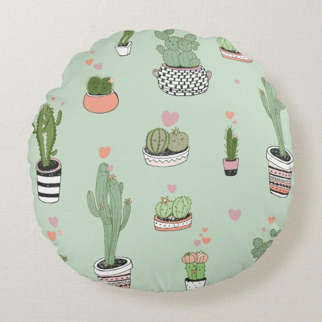Cactus Kärlek: Cute Tecknad Mönster. Rund Kudde (Framsidan)