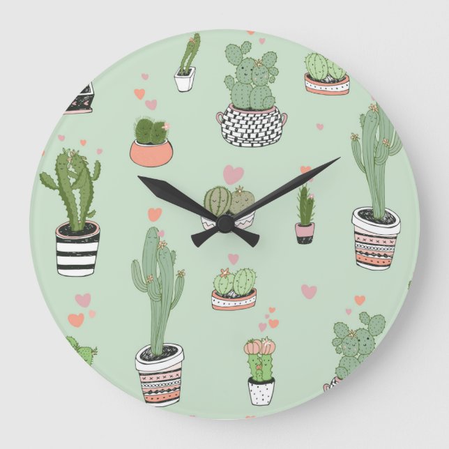 Cactus Kärlek: Cute Tecknad Mönster. Stor Klocka (Framsida)