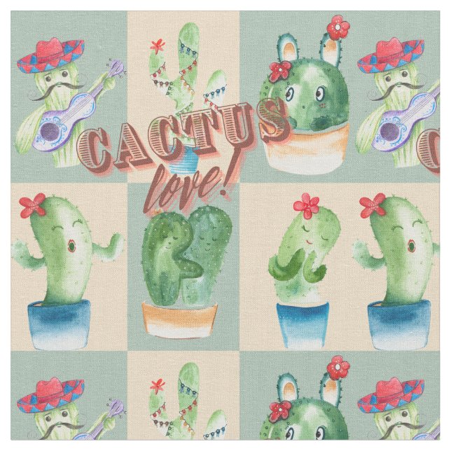 cactus kärlek - vattenfärg, design med cactus och  tyg (Närbild)