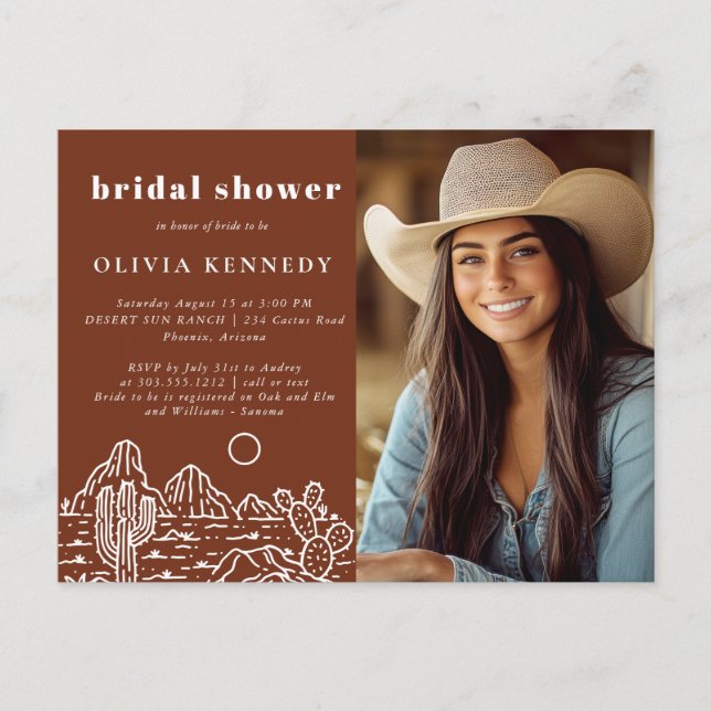 Cactus Linjkonst Öken Foto Bröllsdusch Inbjudan  (Framsida)