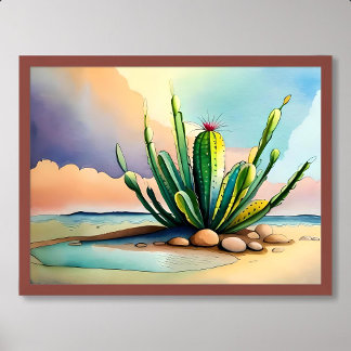 Cactus målarlush nära sten ökens vatten källa poster
