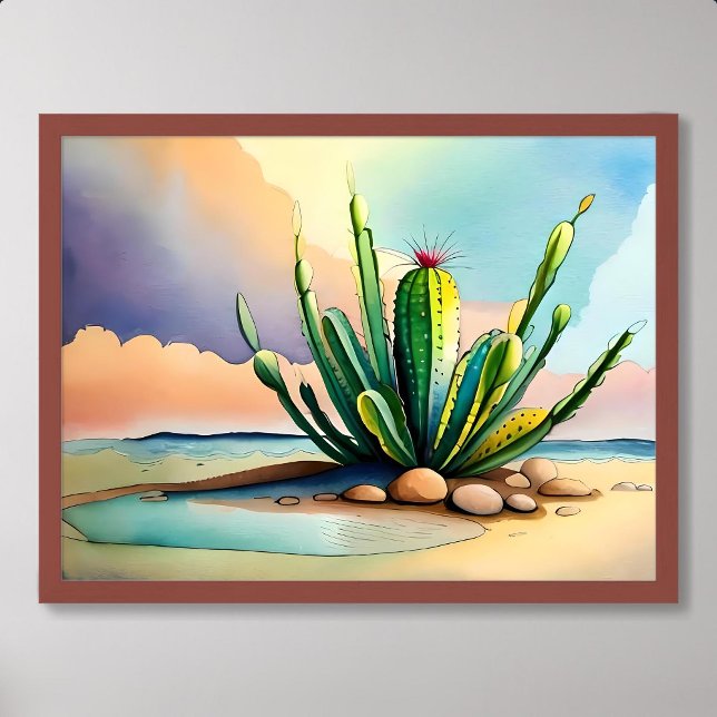 Cactus målarlush nära sten ökens vatten källa poster (cactus painting lush near rock desert water source)