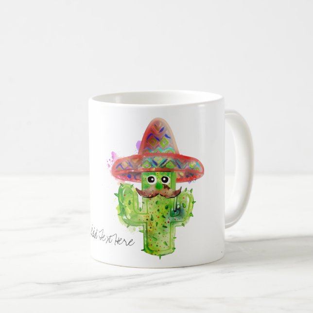 Cactus Man Mustache Hat Fiesta Add Own Text Roligt Kaffemugg (Framsida höger)