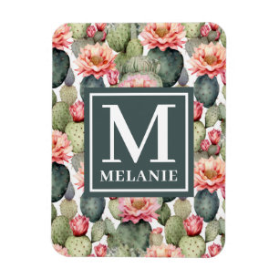 Cactus Mönster Rosa Flowers Monogram Flexible Magnet