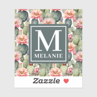 Cactus Mönster Rosa Flowers Monogram Klistermärken