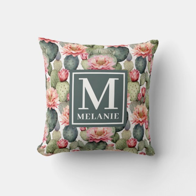 Cactus Mönster Rosa Flowers Monogram Kudde (Framsida)