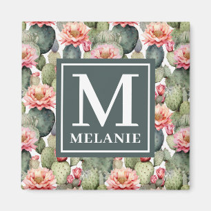 Cactus Mönster Rosa Flowers Monogram Magnet