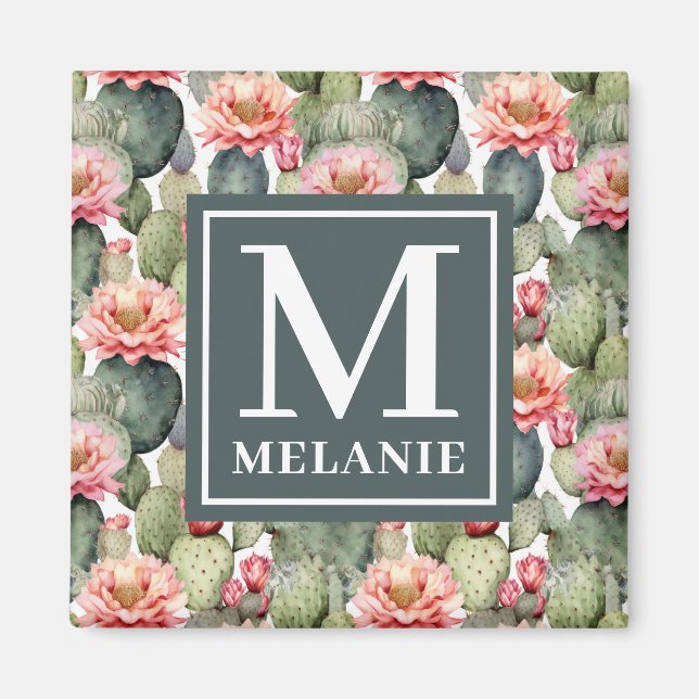 Cactus Mönster Rosa Flowers Monogram Magnet (Framsidan)