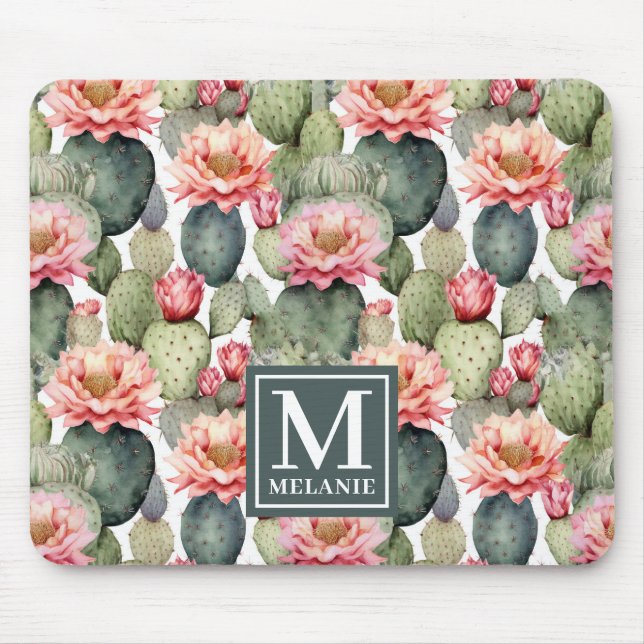 Cactus Mönster Rosa Flowers Monogram Musmatta (Framsidan)