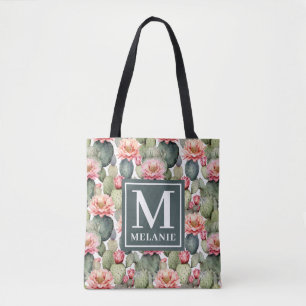 Cactus Mönster Rosa Flowers Monogram Tygkasse