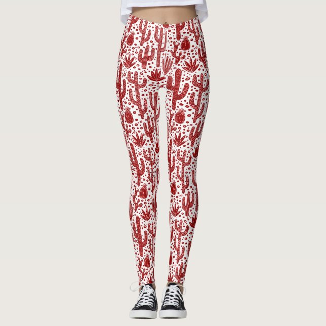 Cactus Mönster - Ruby Red and White Leggings (Framsida)