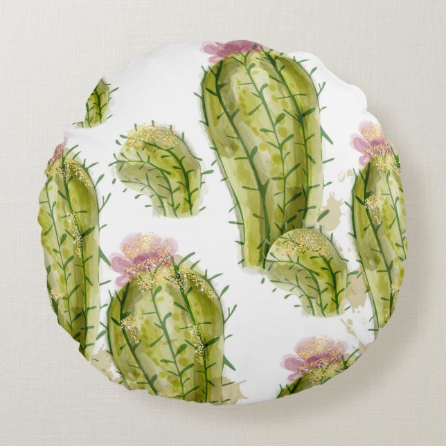 Cactus mönster vattenfärg rund kudde (Framsidan)