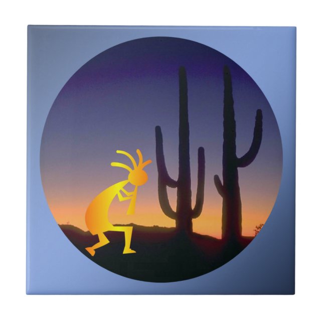Cactus och Kokopelli Round Kakelplatta (Framsidan)