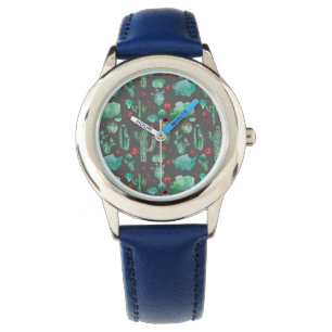 Cactus och ladybug mönster - svart bakgrund armbandsur
