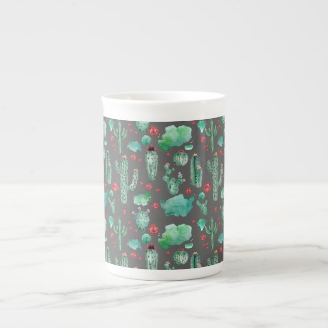 Cactus och ladybug mönster - svart bakgrund benporslin mugg (Framsidan)