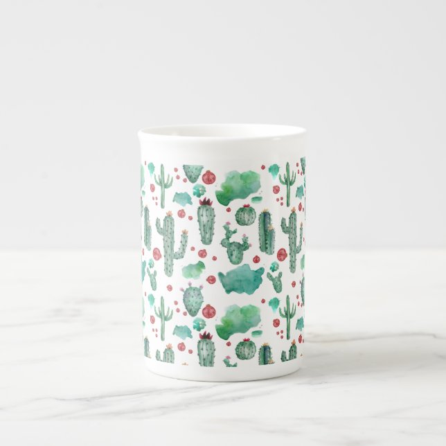 Cactus och ladybug mönster - vit bakgrund benporslin mugg (Framsidan)