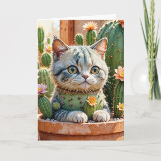 Cactus och Tabby katt Birthday Kort (Framsida)