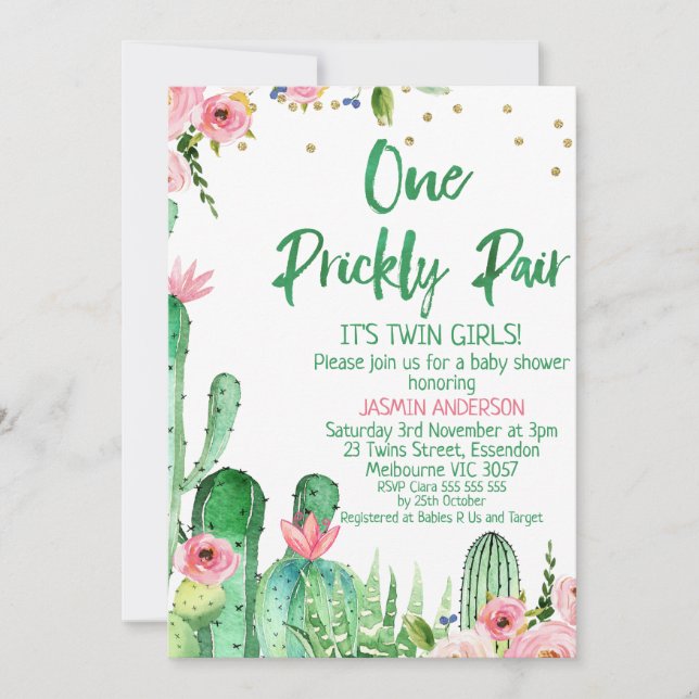 Cactus One Prickly Pair Twillingars Baby Shower Inbjudningar (Framsida)