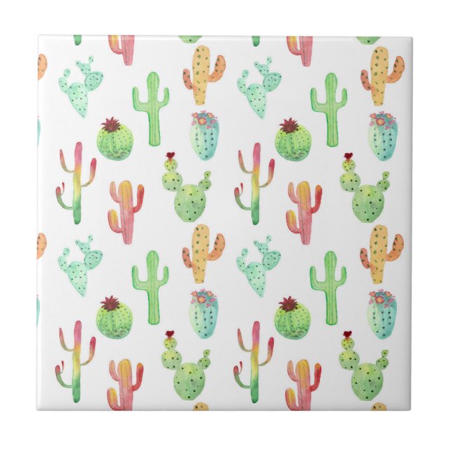 Cactus Pastel Watercolor Mönster Kakelplatta (Framsidan)