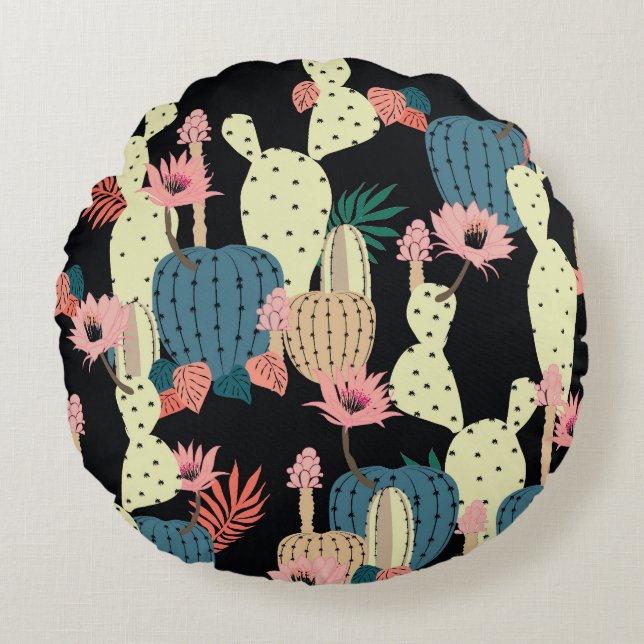 Cactus Plant: Vintage Botanical Mönster Rund Kudde (Framsidan)