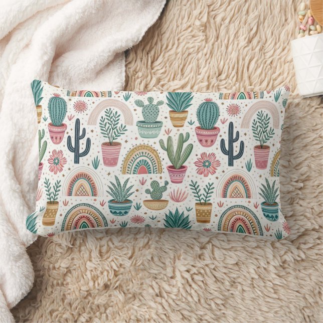 Cactus Pot with Plants, Flowers and Rainbows Lumbarkudde (Filt)