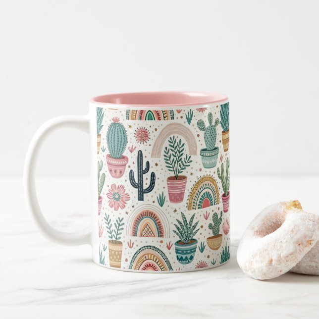 Cactus Pot with Plants, Flowers and Rainbows Två-Tonad Mugg (Med munk)