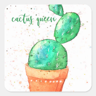 Cactus Queen Watercolor Fyrkantigt Klistermärke