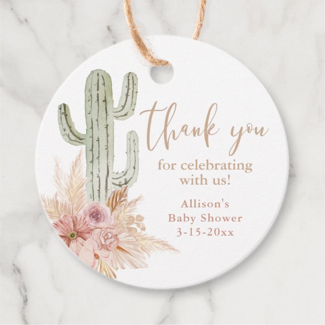 Cactus rosa blommande boho flicka baby shower tack gåvor etiketter (Framsida)